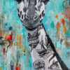 Giraffe with Vegan tattoos on his neck over a distressed abstract background. Vegan. Brock N' Roll. Vegan to the Core. Shrub Life.